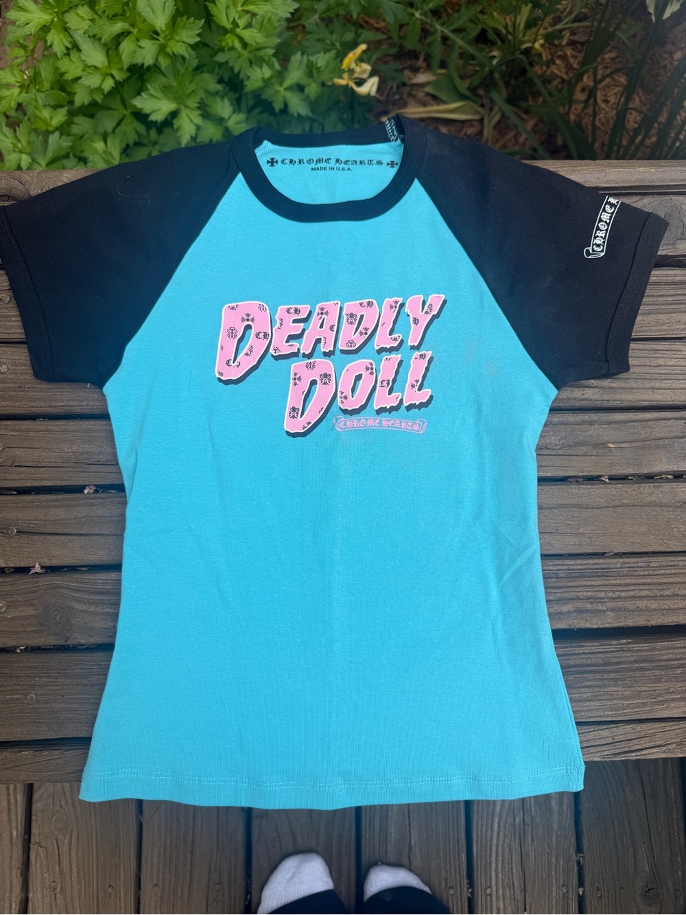 Deadly Doll Graphic Raglan Tee - Blue with Black Sleeves